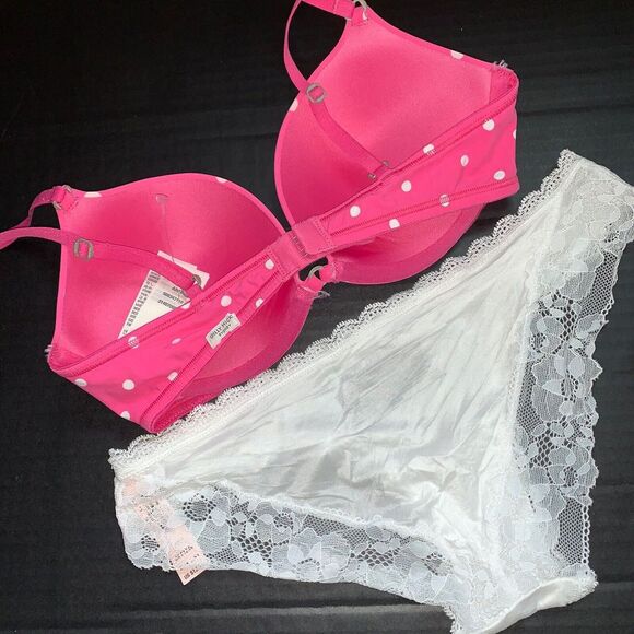 Gilly Hicks 32C BRA SET Victoria's Secret XS panty HOT PINK white lace Polka dot - Picture 4 of 6